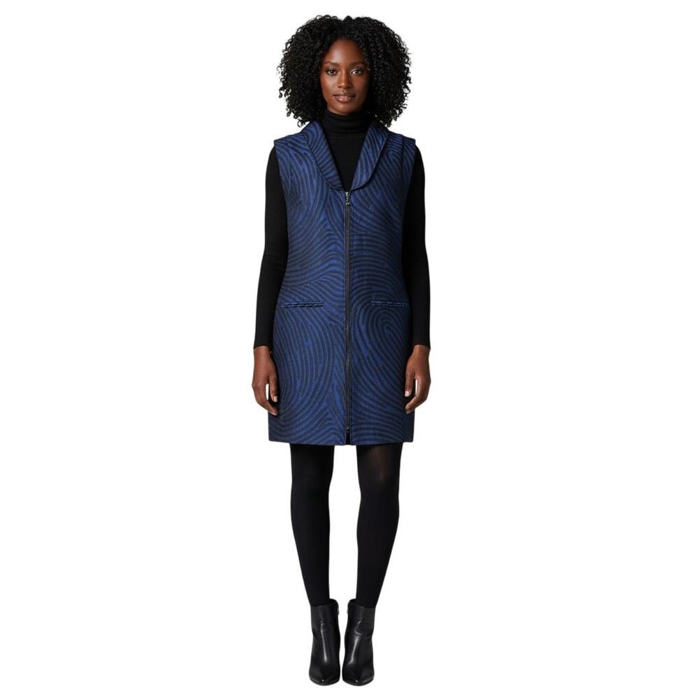 Samuel Dong Zip Front Sleeveless Vest Mini Dress Blue Black Jacquard Structured